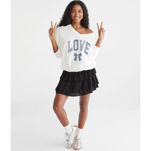 NWT Aeropostale Cloud Soft LOVE Sweatshirt White Blue Gingham Bow M